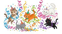 Playful kittens celebrate with colorful ribbons and confetti in this cheerful clipart design. Isolated on white background, ready for greeting cards, invitations, and children's projects.