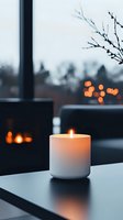 Glowing white candle creates cozy atmosphere against window view with bokeh lights and winter branches, capturing serene evening ambiance and hygge mood.