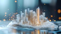 Glowing futuristic cityscape emerging from water surface with golden bokeh lights and splashes, modern skyscrapers in soft blue tones create magical urban scene.