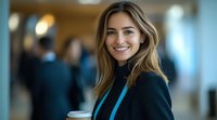 Young professional woman with blonde highlighted hair wearing black blazer holds coffee cup in office setting, displaying confident friendly smile.