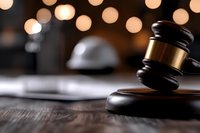Wooden judge gavel on dark table against blurred bokeh lights background, dramatic lighting emphasizes legal and justice concept for law firm marketing.