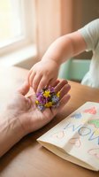 Child giving small wildflowers to grandmother's hands with handmade card on wooden table in warm sunlight for Mother's Day celebration and family bonding.