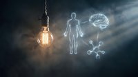 Glowing light bulb with holographic human figure and brain illustration against stormy sky background for innovation and intelligence concepts.
