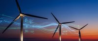 Wind turbines at sunset with glowing digital data streams and analytics overlays, symbolizing smart renewable energy technology and green innovation.