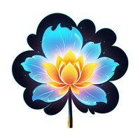 Glowing lotus flower with ethereal blue petals and golden center against dark background, mystical spiritual art style for meditation and wellness designs.