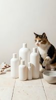 Adorable calico kitten sitting beside white cosmetic bottles and ceramic bowl on wooden surface against neutral background for pet care products.
