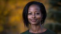 Young African American woman with natural black hair and warm smile against blurred autumn background wearing dark green sweater, soft natural lighting portrait.