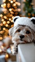 Adorable white puppy wearing panda hat resting head on couch with warm Christmas bokeh lights in background, creating magical holiday atmosphere.