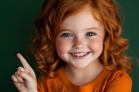 Happy redhead girl with curly hair pointing finger up, smiling joyfully against green background. Cheerful child portrait for advertising campaigns.