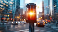 Glowing orange traffic light against blurred urban cityscape with bokeh lights and cars during dusk, creating atmospheric street scene in downtown area.