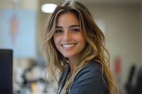 Young Caucasian businesswoman with long wavy blonde hair and bright smile wearing dark blazer in modern office environment, natural lighting creates professional atmosphere.