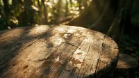 Weathered wooden log surface with natural cracks and grain texture in forest setting, suitable for backgrounds and nature-themed designs.