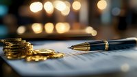 Luxury fountain pen next to stack of golden coins on financial document with soft bokeh lights, representing wealth management and investment decisions.