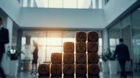 Wooden blocks stacked in staircase shape with business icons in modern office, symbolizing growth, strategy, and corporate success.