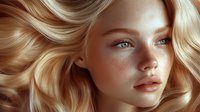 Young blonde woman with natural freckles, glowing skin and wavy golden hair flowing in gentle motion against neutral background, soft beauty portrait.