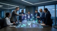 Business team analyzing holographic data projections in modern conference room with diverse professionals collaborating on futuristic technology solutions.