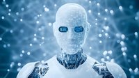 Futuristic robotic figure with glowing eyes against blue bokeh background, representing artificial intelligence and machine learning technology advancement.