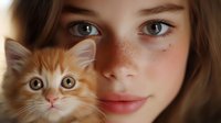 Young caucasian woman with freckles and natural makeup holding ginger kitten with big eyes in close up portrait. Tender moment between pet owner and cat.