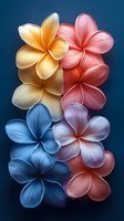Colorful plumeria flowers in yellow, pink, and blue arranged on dark background, showing delicate petal texture and natural light effects. Suitable for wellness designs.