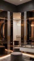 Luxury walk-in closet with mirrored doors, warm ambient lighting, dark walls, wooden shelving, and modern furnishings for interior design and home decor projects.