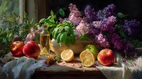 Elegant still life with lilac bouquet, fresh apples, sliced citrus fruits, and glass of wine on draped table in natural light.