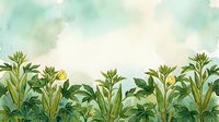 Watercolor illustration of yellow flowers with green foliage and leaves against soft pastel sky background, suitable for botanical designs, wallpapers, and nature-themed projects.