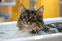 Adorable wet tabby kitten with big eyes getting bath in white tub with soap bubbles, cute domestic cat grooming and hygiene care at home.