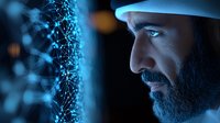 Middle-aged bearded Caucasian man in profile view examining glowing digital network visualization against dark background with blue technological lighting.