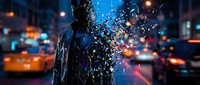 Silhouette of male figure disintegrating into digital particles and light fragments against urban night cityscape with glowing bokeh lights and traffic.