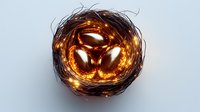 Golden metallic eggs nestled in dark nest with glowing magical lights and sparkles, dramatic lighting creates mystical atmosphere for fantasy designs.