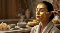 Young woman applying golden face mask in luxury spa setting with steaming bowl and natural skincare products for relaxation and beauty treatment.