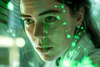 Young woman with intense gaze in futuristic green lighting environment, dramatic close-up portrait showing determination and technology concept.