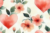 Romantic watercolor pattern with coral hearts and delicate pink flowers on white background. Seamless repeat design for wedding stationery and valentines projects.