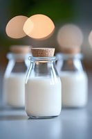 Fresh milk in small glass bottles with cork stoppers, soft bokeh background creates dreamy atmosphere. Suitable for dairy product marketing.