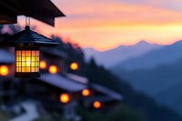 Traditional Japanese lantern glowing at sunset with mountain silhouettes and warm bokeh lights creating peaceful zen atmosphere. Perfect for wellness designs.