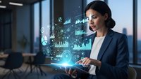 Professional businesswoman analyzing holographic data visualization and financial charts in modern office environment for corporate technology presentations.