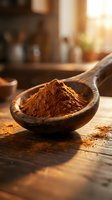 Cocoa powder in wooden spoon on rustic table with warm sunlight streaming through kitchen window creating golden atmosphere for baking and cooking.