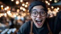 Young Asian woman with glasses and beanie expressing extreme excitement and joy with mouth open against blurred bokeh lights background, capturing genuine surprise emotion.
