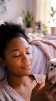 Young African woman with natural textured hair relaxing in bedroom, holding smartphone with eyes closed, surrounded by plants and pink bedding in sunlit space.