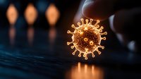 Glowing orange virus cell on dark reflective surface with blurred background shows microscopic detail of pathogen structure for medical and scientific concepts.