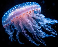 Luminescent jellyfish with glowing spots swimming in dark waters, trailing translucent tentacles against black background. Vibrant blue and pink bioluminescent colors create magical effect.