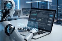 Humanoid robot analyzing financial data on laptop screen in modern office environment with digital displays and futuristic technology workspace.