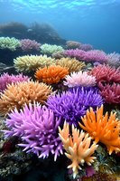 Vibrant coral reef ecosystem with colorful hard corals in purple, orange, pink and yellow hues underwater in tropical ocean for marine biology education.