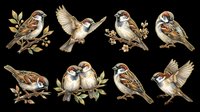 Watercolor sparrows set with eight poses, isolated on transparent background. Clipart for t-shirt design, stickers, print on demand, sublimation, and digital crafts.