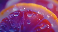 Fresh orange slice with water drops in vibrant purple and red lighting, extreme macro photography showing juicy citrus texture and transparent liquid spheres.