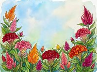 Watercolor garden border with vibrant celosia and marigold flowers in pink, red, orange on soft blue sky background with copy space.