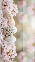 Decorative Easter eggs with intricate patterns hanging among delicate cherry blossoms create elegant spring holiday composition with soft pastel colors and bokeh background.