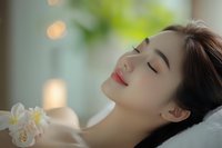 Young Asian woman relaxing with closed eyes during spa treatment, holding white orchid flower in serene wellness environment with soft bokeh lighting.