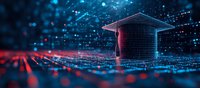 Digital graduation cap on futuristic technology grid with glowing red and blue network connections against dark background representing online education.