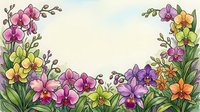 Watercolor orchid frame with colorful blooms in pink, purple, yellow and orange on white background, copy space for text.